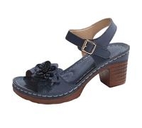 Générique Sandales de plage fleurs pour femme, Couleur unie boucle sangle bout ouvert, Talons carrés confortables décontractés, Pour l’été et les journées ensoleillées