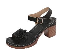 Générique Sandales de plage fleurs pour femme, Couleur unie boucle sangle bout ouvert, Talons carrés confortables décontractés, Pour l’été et les journées ensoleillées