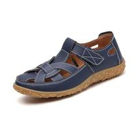 Générique Sandales Été Femme Bout Fermé Chaussures Plates Confortables Bride Réglable Scratch Lanières Croisées Ajourées Semelle Antidérapante Marche Quotidienne Plage Vacances Loisirs (Blue, 8)