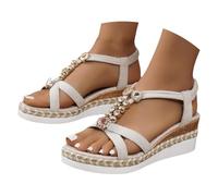 Générique Sandales Femme Été Confortable Chaussures Strass Tongs De Plage Bohême Plates Bout Ouvert Mules Pour Respirantes Semelles Épaisses Compensées Claquette Décontractées Élastiques (Blanc,41)