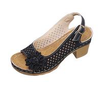 Générique Sandales Femme Grandes Tailles Talon Bloc à Fleurs Style Européen Confortables Tendance Été 2026(Black, 36)