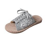 Générique Sandales Femme Talon Sandales plates décontractées à enfiler, brodées de paillettes et de, avec bout ouvert et bride cheville, pour l'été, chaussures plage. (Silver, 3.5)