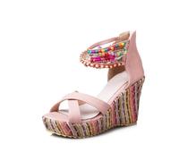 Générique Sandales Femmes À Coin en Cuir PU Bout Ouvert Bride Croisée Enroulement De Cheville À Perles Colorées Été Mariage Rendez-Vous Antidérapant Style Élégant,Rose,35.5 EU