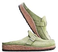 Générique Sandales Mules Plates pour Femmes Sabots d'été en Daim Pantoufle Plate Bout Rond Dos Nu sans Lacet Chaussures Mocassins Confortables Bout fermé Dame Chaussures de Bateau de Mode (Vert,35)