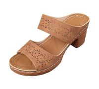 Générique Sandales mules talon moyen pour femmes, bout ouvert, talon épais et découpes, parfaites pour une tenue d'été décontractée. Sandales Habillées Femmes Soirée Plat (Khaki, 40)