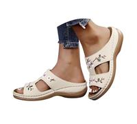 Générique Sandales Orthopédiques Femme Été Confortable Mules en Cuir Mode Bout Ouvert Compensées Plateforme Pantoufles Fleurs Broderie Motif Sandales de Plage Femmes Décontractée Marche Sandale