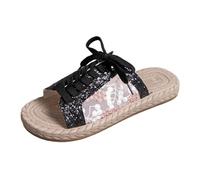 Générique Sandales plates décontractées à enfiler, brodées de paillettes et de, avec bout ouvert et bride cheville, pour l'été, chaussures plage. (Black, 39)