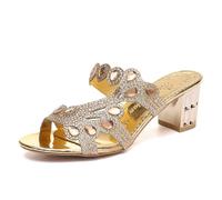 Générique Sandales romaines d'été pour femmes avec brides en strass, talon moyen, chaussures de plage confortables et décontractées pour fêtes et mariages en plein air (Gold, 37)