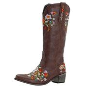 Générique Santiag Broderie Femme Haut Botte Mi-Mollet Moto Chic Vintage Botte Mollets Larges Antidérapant Santiags Bout Pointu Bottes Indiennes Cowgirl Cowboy Western Bottes Motard Mi Mollet