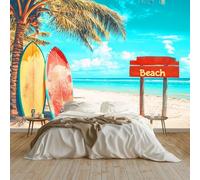 Générique Sarcelle 3D Panoramique Murale 250 x 175 cmPlage Tropicale Avec Planches De Surf Papier Peint Intissé pour Salon Chambre Enfant Décoration Murale, Poster Tableaux Photo Muraux