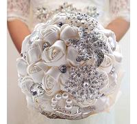 Générique Satin Artificial Bridal Bouquet with Rhinestones & Pearls, 18cm Wedding Bouquet for Bride, Valentine's Day, Proposal, Photo Prop, Party Decor (White)