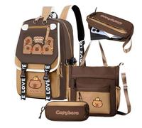 Générique School Backpack Set - Cute Capybara Junior High School Bag System, Lightweight Kids Bookbag with Messenger Bag Pencil Case Combo Kit, Teens Boys Girls Children Daily Study Travel Use