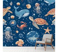 Générique Sea World Dauphin Tortue Autocollant Papier Peint, Marin Animaux Resistant a l'eau Mural, Dessin Animé Poisson Stickers Muraux poster Pour Salon Chambre Cuisine Décoration Murale 256x350 cm