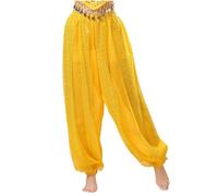 Générique Sequin Belly Dance Harem Pants Women Chiffon Performance Trousers Sparkly Wide Leg Costume Bottoms High Waist Flowing Stage Dancewear Festival Show Practice Wear, 05-Yellow, L