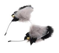 Générique Serrage - Oreilles de Renard en Peluche Grises et Noires avec Nœud Noir Bandeau de Fête Créatif avec Clochettes Dorées Accessoire Cosplay pour Halloween et Anniversaire Taille