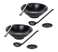 Générique Set Ciotole Giapponesi Per Zuppa Di Noodles - 23,2x23,2x8,2 Cm Melamina Nera | Opaca Ciotole Profonde Con Bacchette Cucchiai Piattini Per Cucina Asiatica E Internazionale