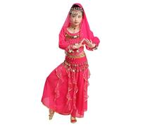 Générique Set de 4 Pièces Costume Indienne Enfant Fille - Déguisement Robe de Danse Orientale de Scène avec Jupe Élastique, Top Décoré, Ceinture de Sequins Brillants et Écharpe Voile (10-13 Years)