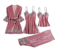 Générique Set De Pyjama Satin Femme 4 Pièces Lingerie De Soie avec Dentelle Nuisette Kimono Cardigan Pantalon et Camisole Confortable pour Cadeaux Ou Soirées Intimes Ensemble Pyjama Femme ete
