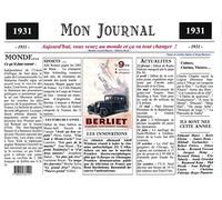 Générique Set de Table année 1931 - Mon Journal - plastifié - Année de Naissance ou Anniversaire - Idéal pour Cadeau