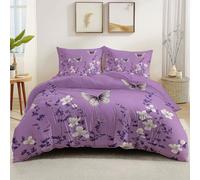 Générique Set Housse de Couette 220 x 240 cm Motif Romance Fleurs Papillons avec Taie d’Oreiller 65x65 cm - Parure de Lit 3 Pièces en Microfibre Douce, Respirante et Réversible avec Fermeture Violet