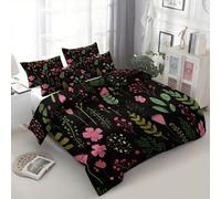Générique Set Housse de Couette 90 x 190 cm 1 Personnes - Ensemble Linge de Lit Minimaliste Floral Feuilles Plantes en Microfibre Brossée, Parure de Lit Noir Adulte Garçons Filles Adolescents