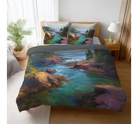 Générique Sets de Housses de couettes, Imprimée Parure de lit - Lavable en Machine Facile à Repasser - Peinture À l'huile Mer Rocher Arbre - Vert Fougère Kaki - Set de Housse de Couette(150 x 200)