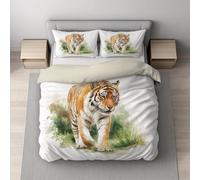 Générique Sets de Housses de couettes, Parure de lit - Microfibre Imprimée - Lavable en Machine - Aquarelle Tigre Prairie - Blanc Jaune - Set de Housse de Couette （ 150 x 200 ）