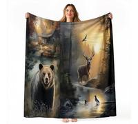 Générique Sherpa Couverture 220x240 cm Forêt Ours Élan Imprimé, Moderne Luxe Noir Enfants Couverture décorative couvertures Polyvalente Confortable Douce Chaude légère pour canapé-lit