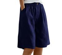 Générique Short en lin pour femme - Longueur genou - Bermuda - Taille élastique - Short d'été baggy droit - Jambe large - Short de plage décontracté avec poches