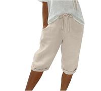 Générique Short Femme Été, Lin Coton Uni, Taille Haute Élastique avec Cordon, Coupe Fluide Large, Poches Pratiques, Léger Respirant, Look Tendance Polyvalent
