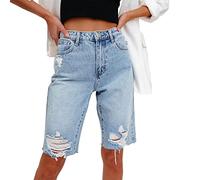 Générique Short Femme Longueur Genoux Jean Taille Haute élastique Denim à Trous, Bermuda Jean Stretch Extensible Long déchiré Classiques Droite Pantalon D'été Court Décontracté avec Poche (Blue, L)