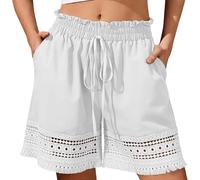 Générique Short Femme - Taille élastique, Cordon de Serrage, Coupe Ample - Ourlet Dentelle ajouré, léger, bohème - Poches - Quotidien, Vacances, Plage