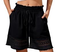 Générique Short Femme - Taille élastique, Cordon de Serrage, Coupe Ample - Ourlet Dentelle ajouré, léger, bohème - Poches - Quotidien, Vacances, Plage