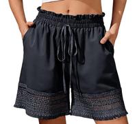 Générique Short Femme - Taille élastique, Cordon de Serrage, Coupe Ample - Ourlet Dentelle ajouré, léger, bohème - Poches - Quotidien, Vacances, Plage