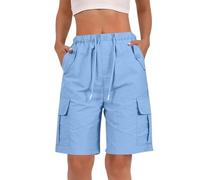 Générique Short Femmes Ete Lin Coton Short Cargo Baggy Travail avec Poches Léger Décontracté Shorts Et Bermudas Taille élastique Noir Bermuda Femme Randonnée