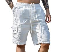 Générique Short Homme Coton Lin Bermuda avec 4 Poches Été de Plage Cargo Bermudas Taille Elastique Short de Travail Cordon de Serrage Uni Baggy Pantacourt Casual Décontracté Pants