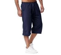 Générique Short Homme Coton Lin Bermuda avec Poches Été Plage Cargo Shorts et Bermudas Taille Elastique Short de Travail Cordon de Serrage Uni Baggy Pantacourt Casual Décontracté Yoga