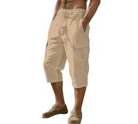 Générique Short Lin Homme Baggy Bermuda Cargo avec Multi-Poches été Taille Elastique Pantacourt de Travail Léger Pantalon 3/4 de Yoga Décontracté Shorts Large de Plage