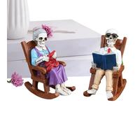 Générique Skeleton Figurines Decoration, Rocking Chair Skull Ornament Pair, Resin Statue Couple Reading Display, Best Spooky Home Decor Piece for Shelf Table Mantel Bedroom Or Halloween Setup