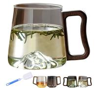 Générique Smokey Gray Glass Slanted Coffee Cups with Wooden Handle, Creative Mountain Bottom Cup, Heat Resistant Borosilicate Glasss Cup, for Coffee, Tea, Beverages, and Whiskey (Glass B)