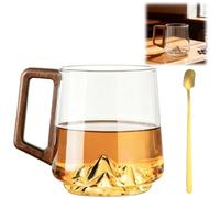 Générique Smokey Gray Glass Slanted Coffee Cups with Wooden Handle,Creative Wonder Mountain Bottom Cup for Hot & Cold Drinks,Heat Resistant Water & Tea Glass Mug for Coffee & Tea Lovers (Transparent)