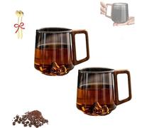 Générique Smokey Gray Glass Slanted Coffee Cups With Wooden Handle, Creative Wonder Mountain Bottom Wood Handle Cup, for Latte, Cappuccino, Hot & Cold Drinks (2PCS)