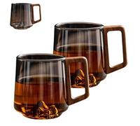 Générique Smokey Gray Glass Slanted Coffee Cups with Wooden Handle, Retro Creative Mountain Bottom Glass Mug, 450ml Heat Resistant Glasses Mug, for Latte, Hot & Cold Drinks (#A,2PCS)