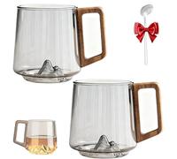 Générique Smokey Gray Glass Slanted Coffee Cups With Wooden Handle, Wooden Coffee Cup, Clear Glass Coffee Mug, Creative Mountain Bottom Cup For Latte, Cappuccino, Hot & Cold Drinks (Transparent * 2)