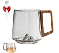 Générique Smokey Gray Glass Slanted Coffee Cups With Wooden Handle, Wooden Coffee Cup, Clear Glass Coffee Mug, Creative Mountain Bottom Cup For Latte, Cappuccino, Hot & Cold Drinks (Transparent)