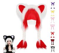 Générique Soft Furry Animal Ear Hat with Braids, Cute Plush Cat Hat Winter Warm Earmuffs Head Mask for Cosplay (White Red)
