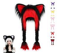 Générique Soft Furry Animal Ear Hat with Braids, Cute Plush Cat Hat Winter Warm Earmuffs Head Mask for Cosplay (Black Red)