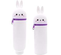 Générique Soft Silicone Pencil Case Silicone Bag - 2 in 1 Stand Up Pencil Case Animal Pen Holder Cartoon Pencil Holder for Teenagers (White Rabbit)
