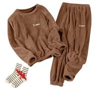 Générique Soft Warm Plush Pullover Tops Sleep Pants 2 Piece, Women Men Winter Pajamas Set, Long Sleeve Elastic Plus Size Sleepwear