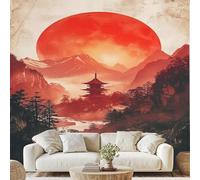 Générique Soleil Rouge Japon Architecture Montagne Papier Adhesif Ukiyo-E Pagode Plantes Mural Rétro Oriental Papier Peint 3D Effet 200x150 cm pour Salle de Bain Salon Chambre